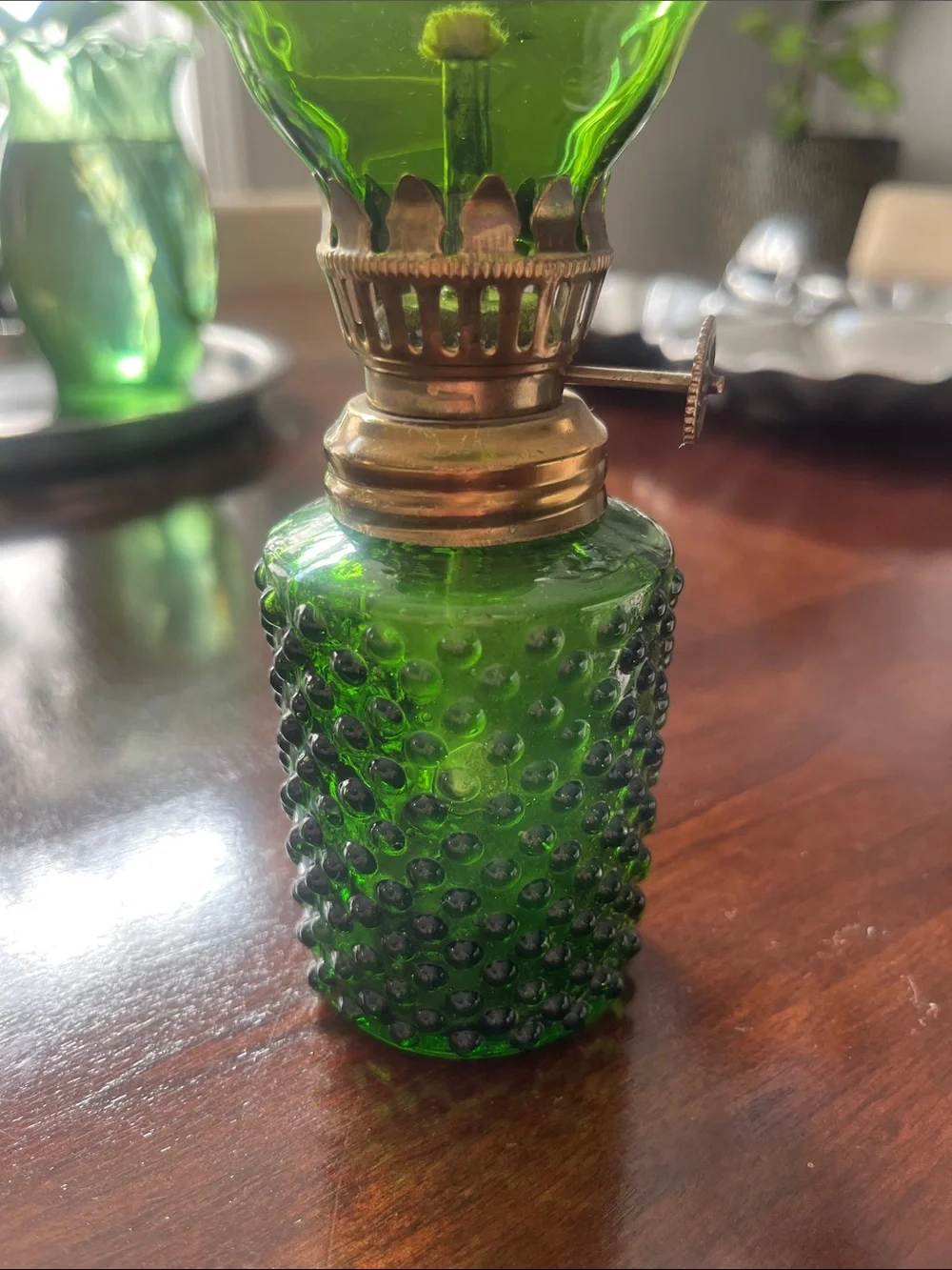 Green 1950-1960 Hobnail Glass Oil Lamp Brass Detail- Decorative Home Accent- 9”